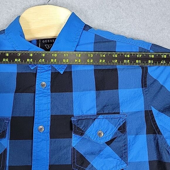 Guess Flannel Shirt Men's Large Blue/Black Slim Fit Button Up Long Sleeve Preppy - Picture 6 of 13